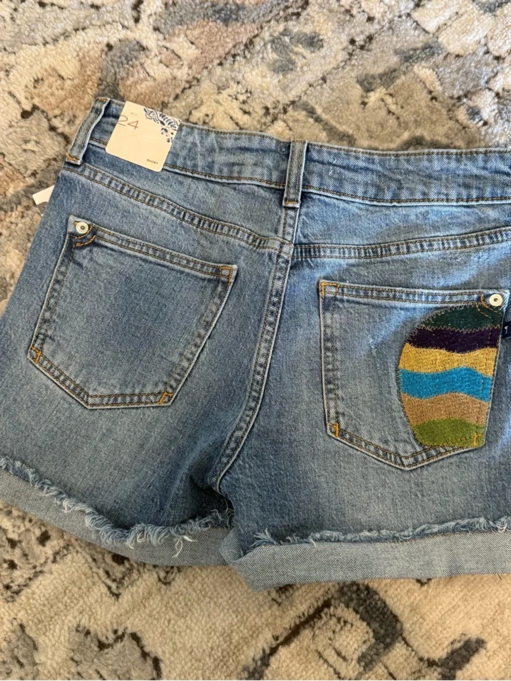 Anthropologie Blue Distressed Denim Cutoff Shorts with Embroidery - Picture 4 of 7